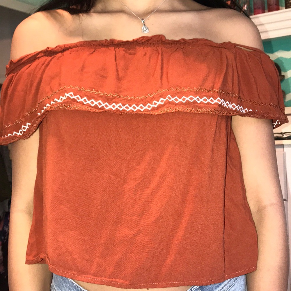 Burnt orange off the shoulder top
